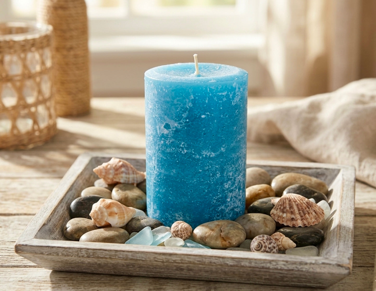 Blue candle on a bed of stones and shells in a wooden tray.