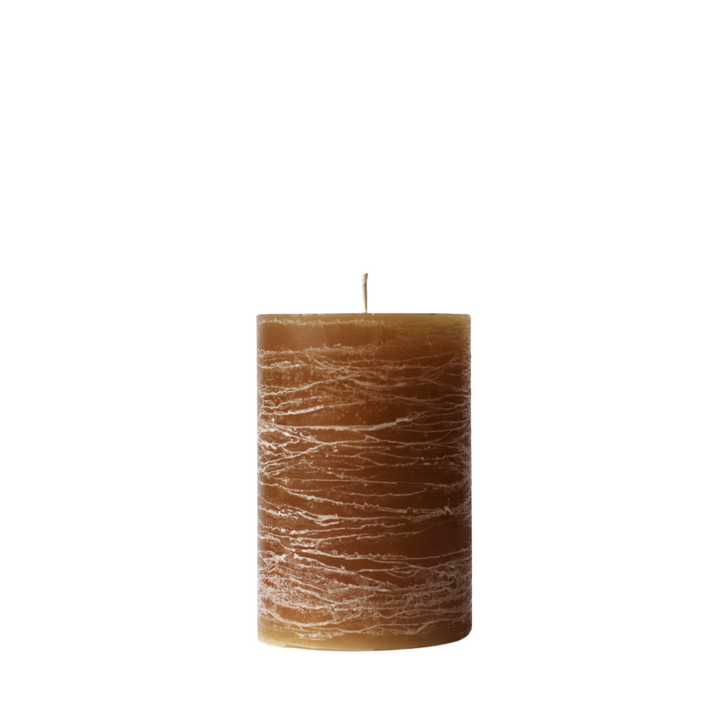 A minimalist Nordic-style pillar candle in a solid brown, featuring horizontal textured lines and a handcrafted rustic finish.