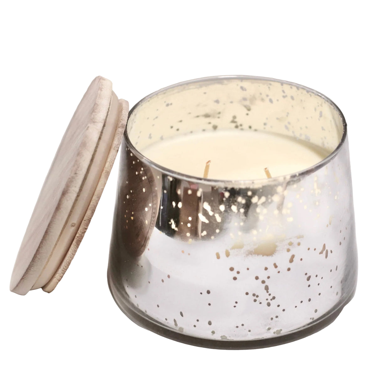 Candle in a glass jar with a decorative lid on a light gray background. The scent is paper white. The net weight of the candle is 14.8oz. This candle comes with two wicks. Burn time is around 55 hours.