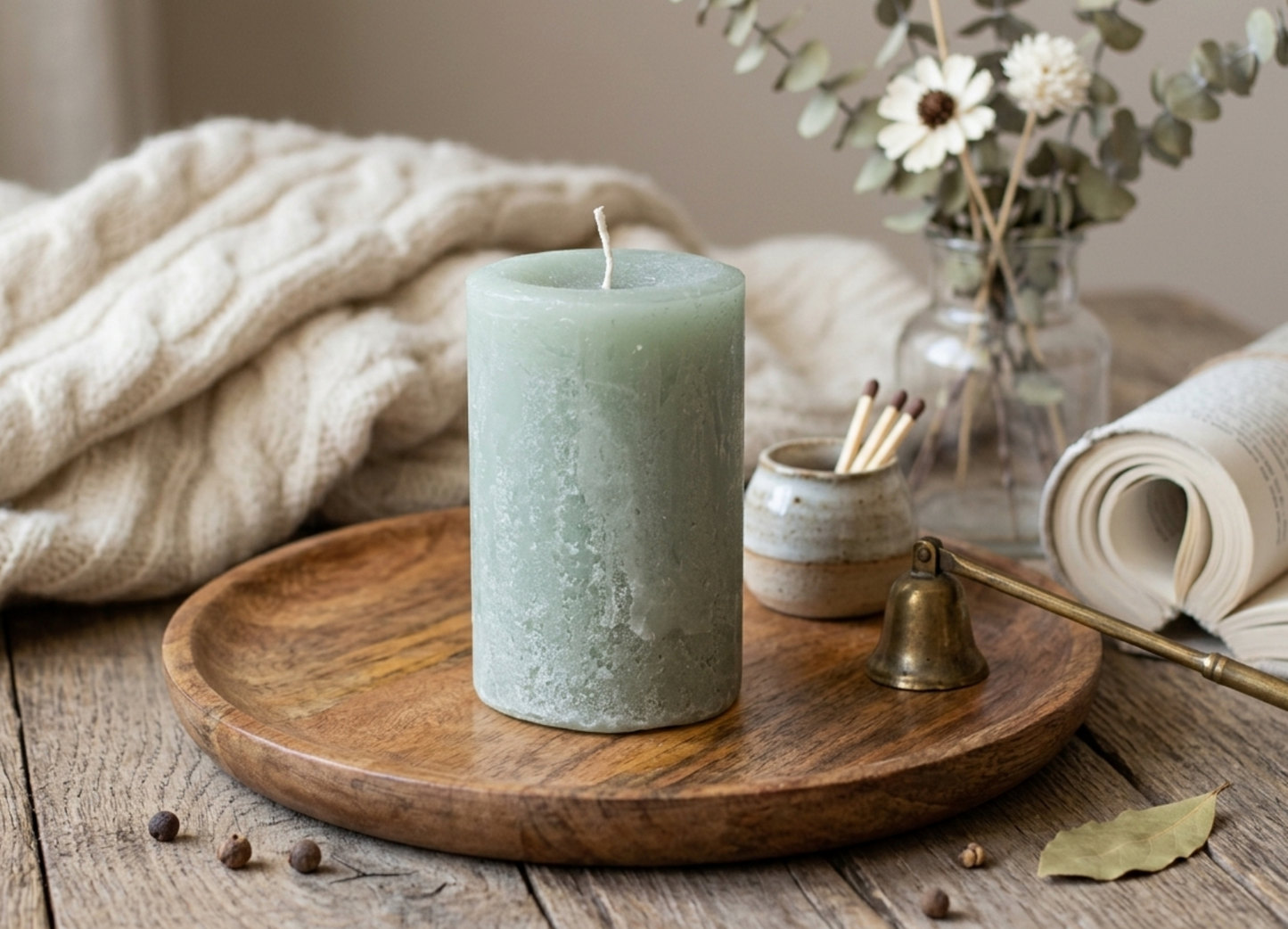 A rustic textured sage green pillar candle on a wooden tray with a neutral background