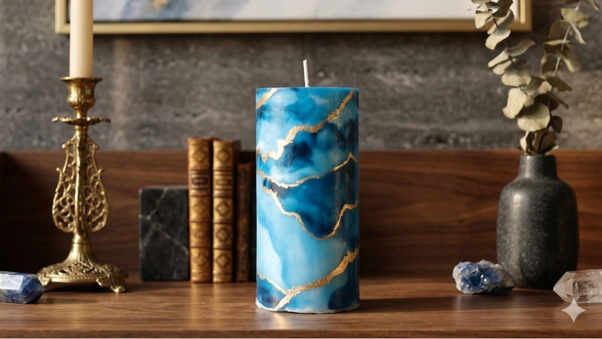 Blue marbled pillar candle with gold outlines on a wooden surface with decorative elements