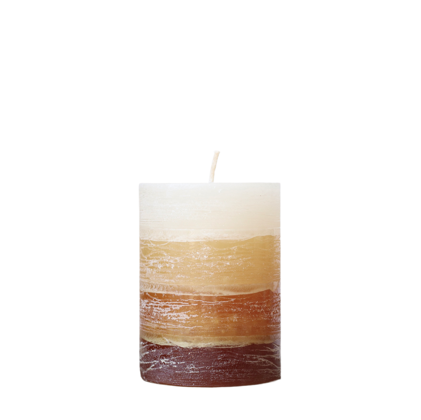 A solid-color gradation pillar candle with four distinct layers of brown, featuring a textured, weathered surface for a Nordic-inspired look.