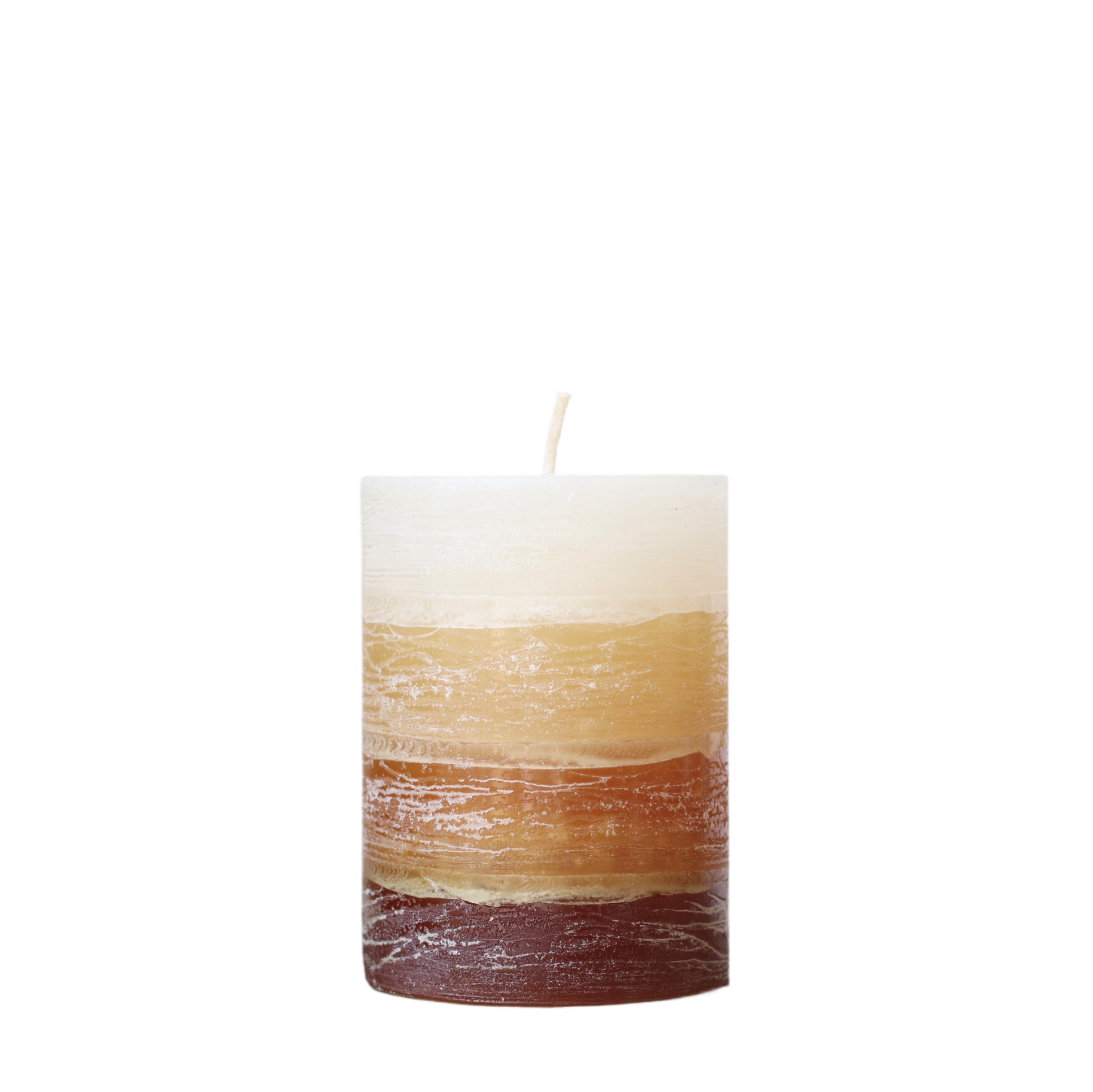 A solid-color gradation pillar candle with four distinct layers of brown, featuring a textured, weathered surface for a Nordic-inspired look.