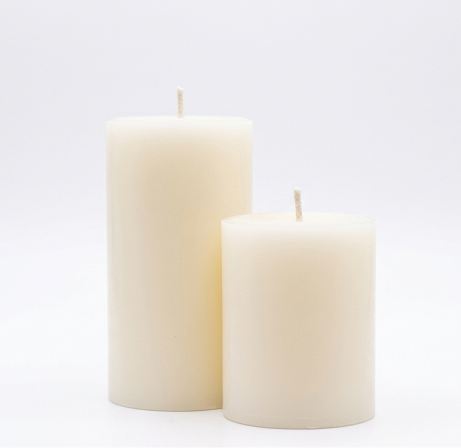 Two ivory candles on a light gray background. 