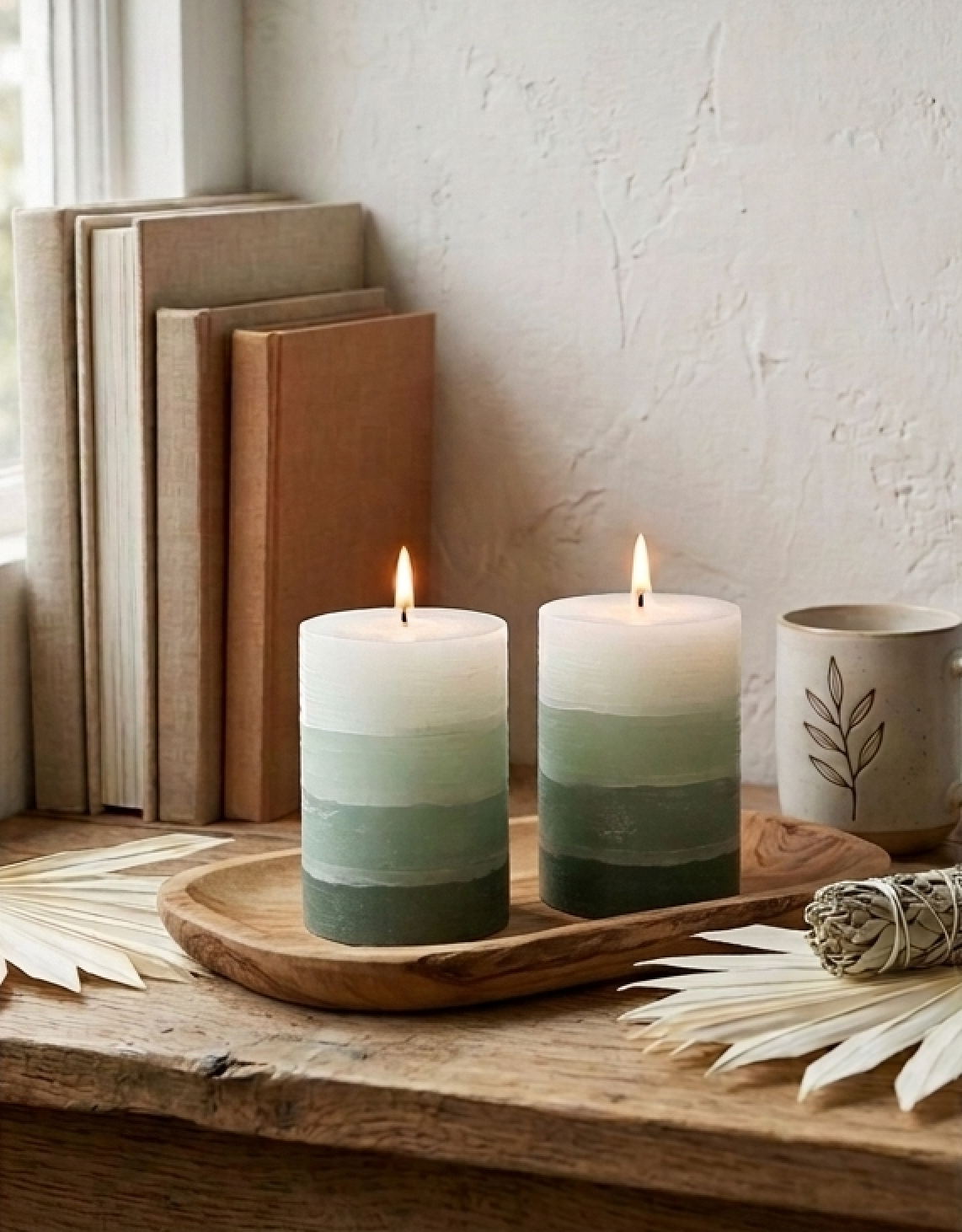 Two sage green layered candles on a wooden tray with books and a mug in the background.