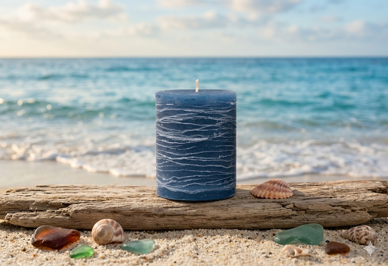 Navy blue candle on a beach with ocean in the background