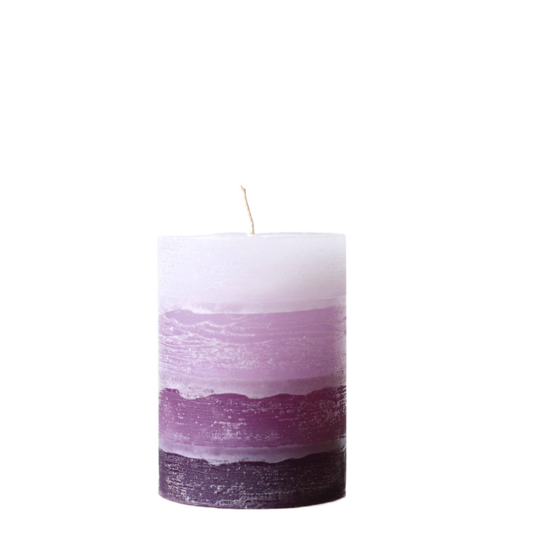 A solid-color gradation pillar candle with four distinct layers of purple, featuring a textured, weathered surface for a Nordic-inspired look.