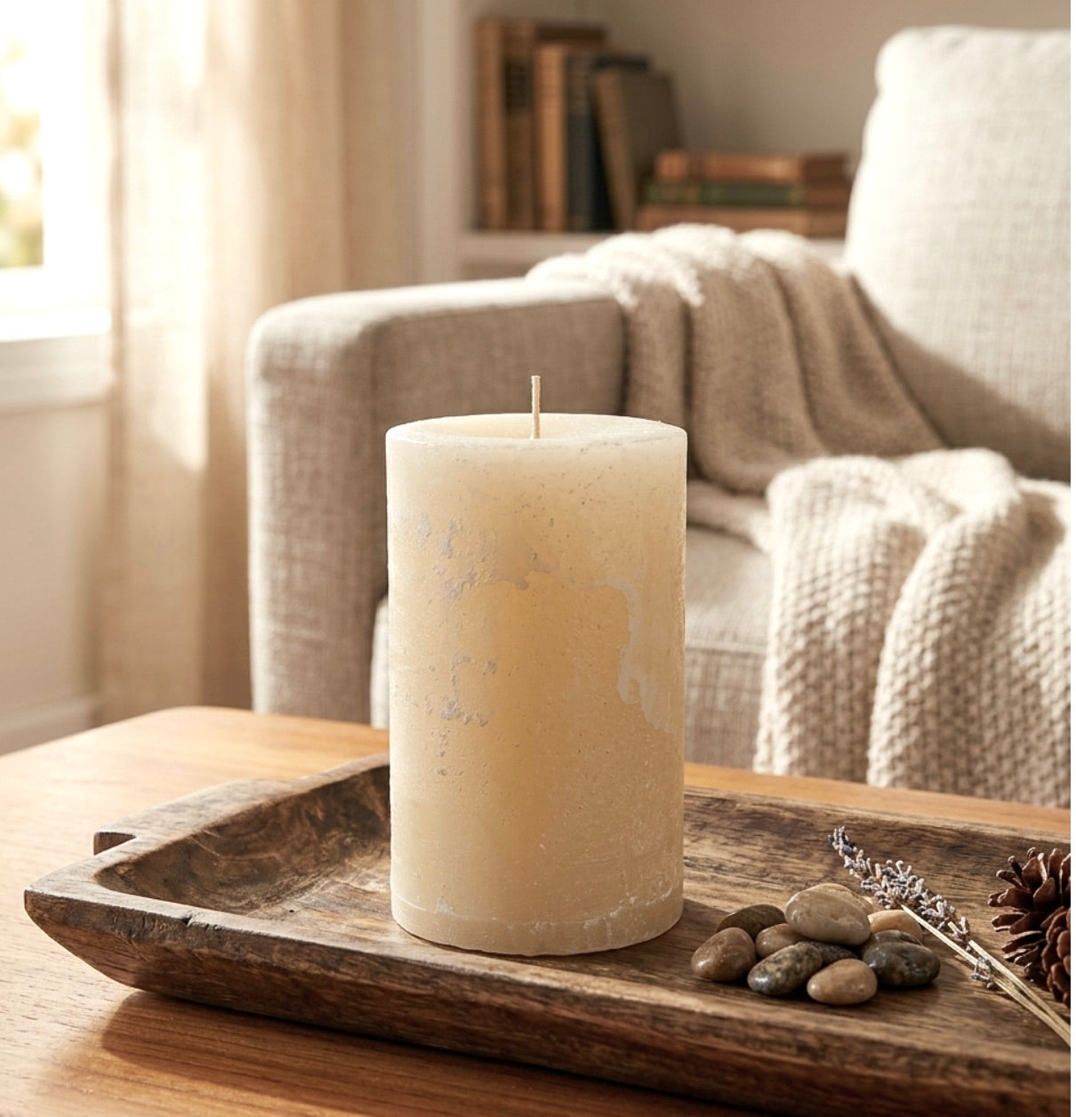 A classic ivory color rustic pillar candle on a wooden tray with stones and lavender in a cozy living room.