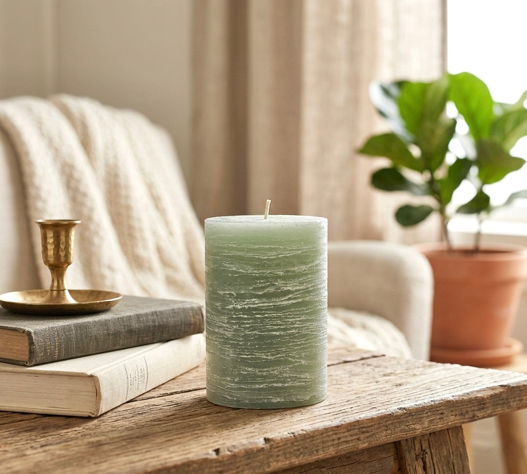Sage green candle on a wooden surface with books and a plant in the background