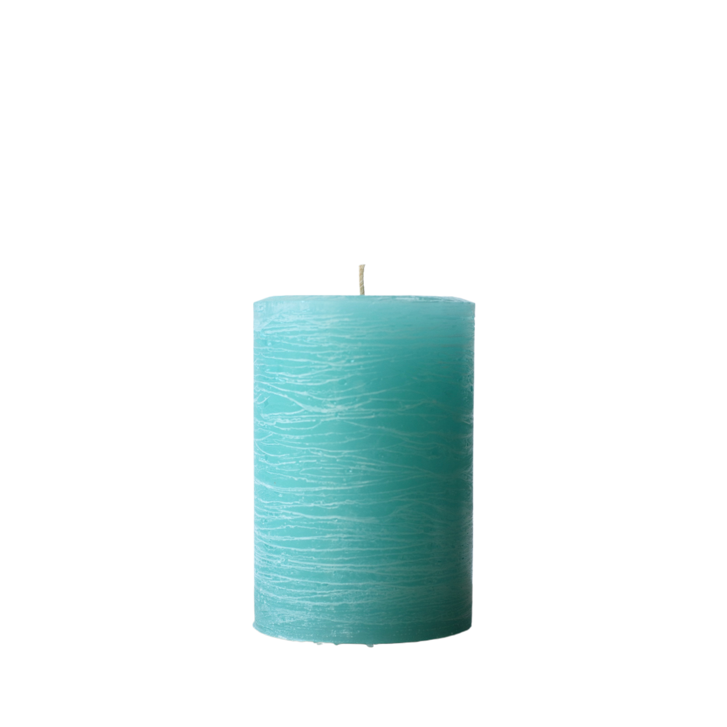 A minimalist Nordic-style pillar candle in a solid turquoise, featuring horizontal textured lines and a handcrafted rustic finish.
