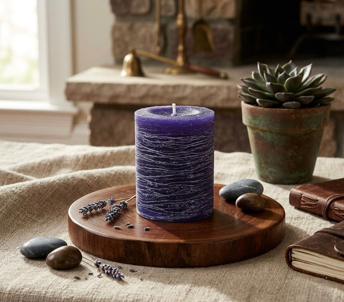 Violet purple candle on a wooden tray with lavender and stones on a textured surface.