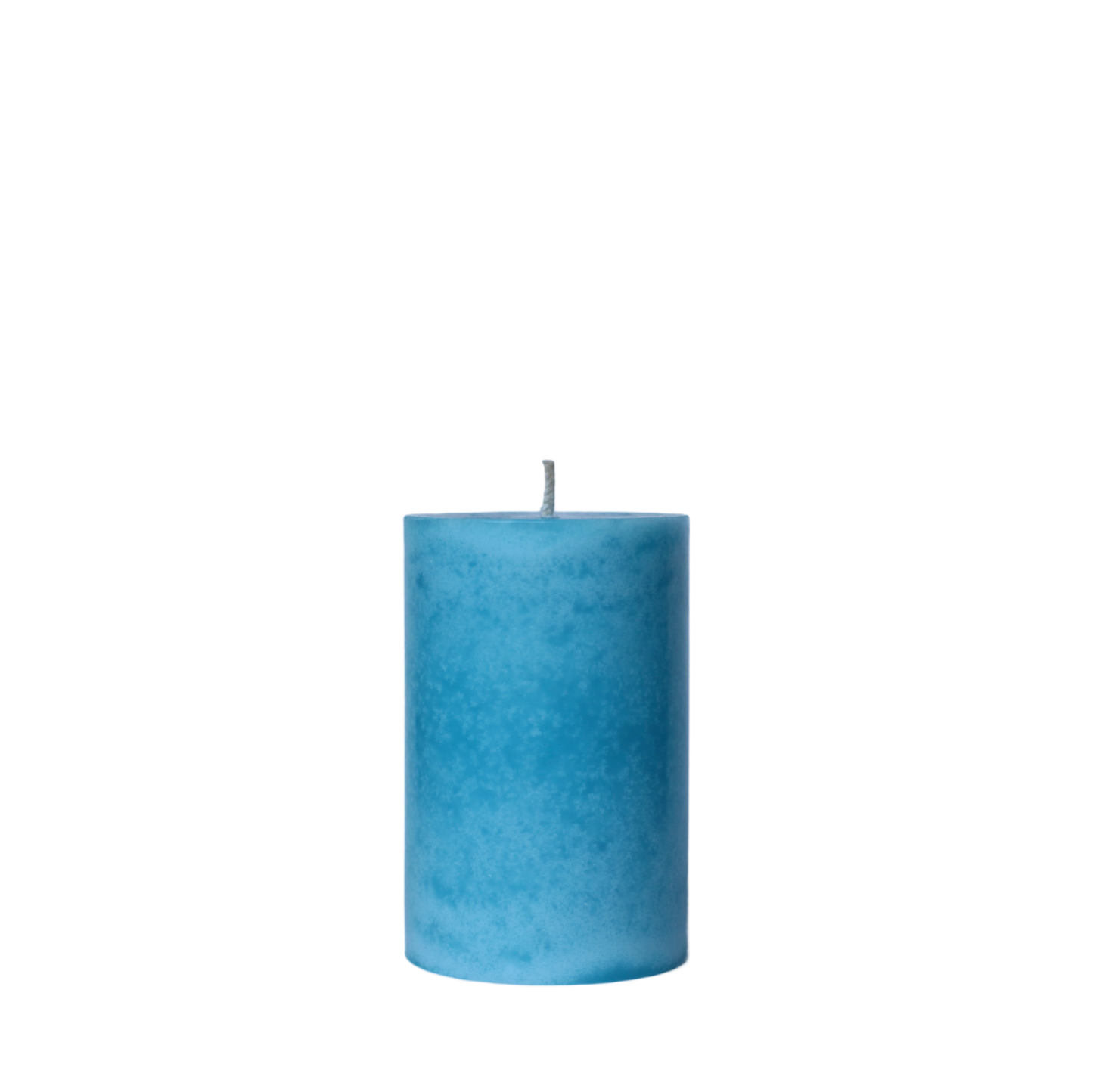 A single handcrafted pillar candle featuring a mottled wax finish with a distinct snowflake-like pattern in a solid bright teal hue.