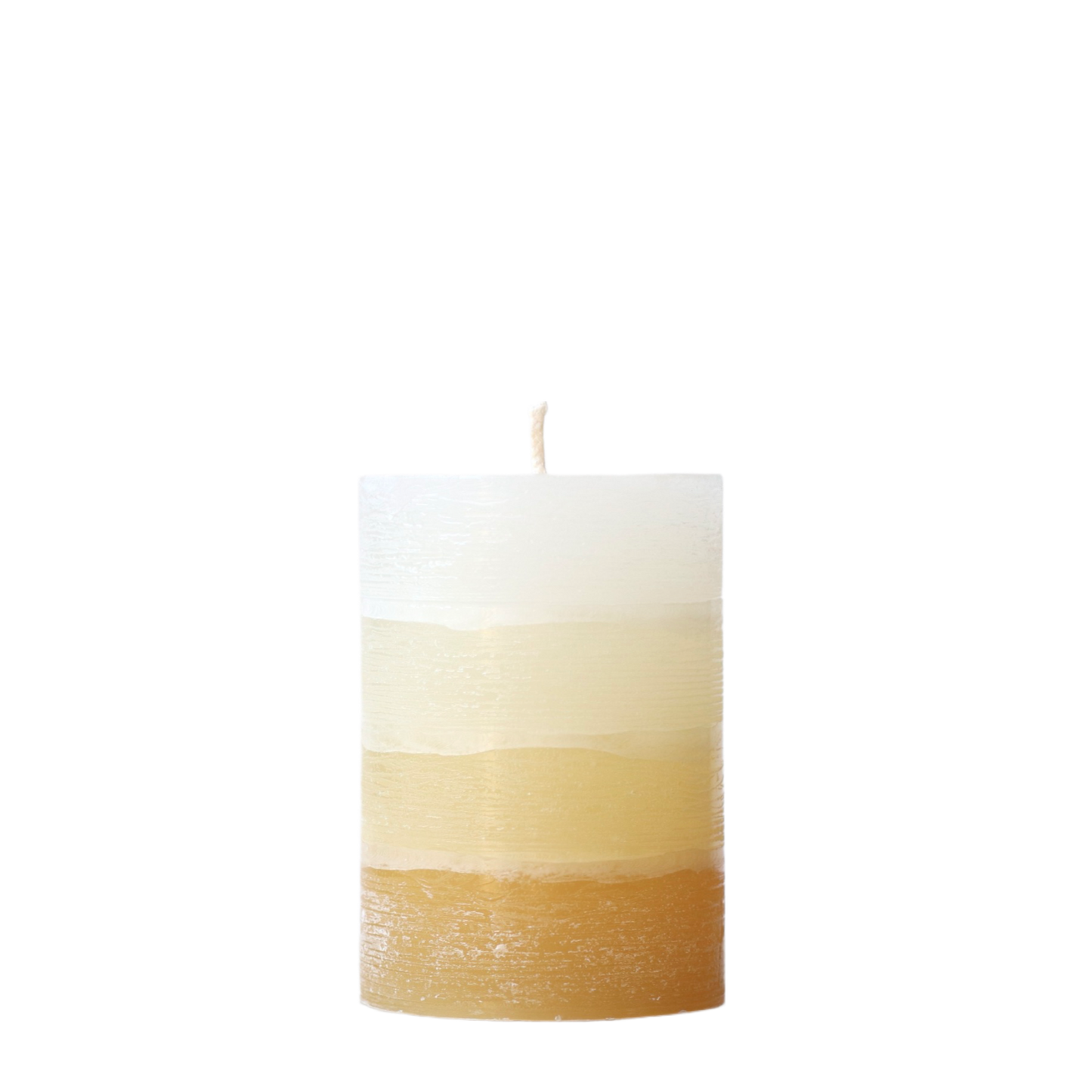 A solid-color gradation pillar candle with four distinct layers of sunflower yellow, featuring a textured, weathered surface for a Nordic-inspired look.