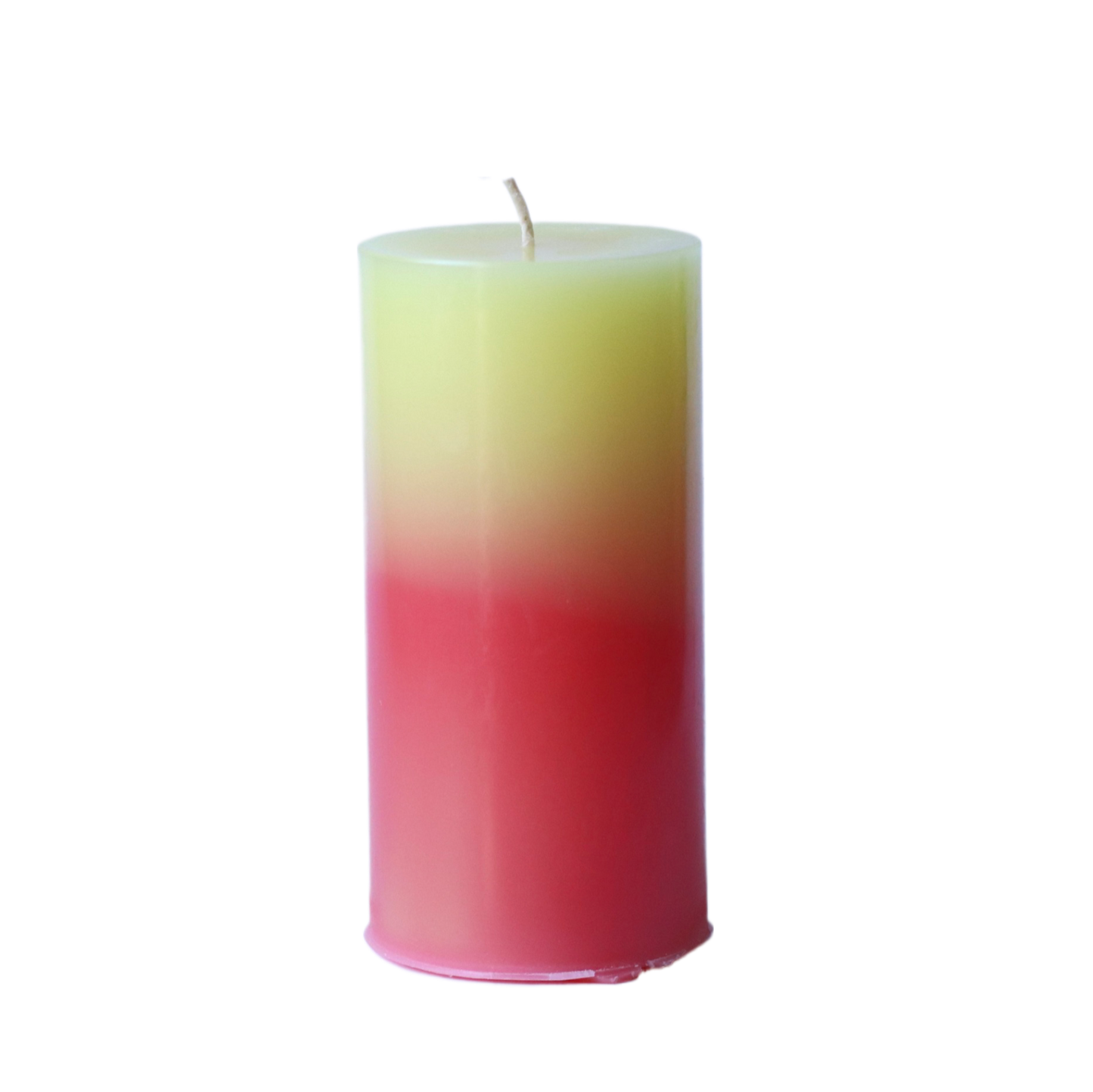 A 6-inch tall pillar candle featuring a smooth color gradient that fades from a crisp yellow top to a red base.