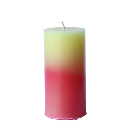 A 6-inch tall pillar candle featuring a smooth color gradient that fades from a crisp yellow top to a red base.